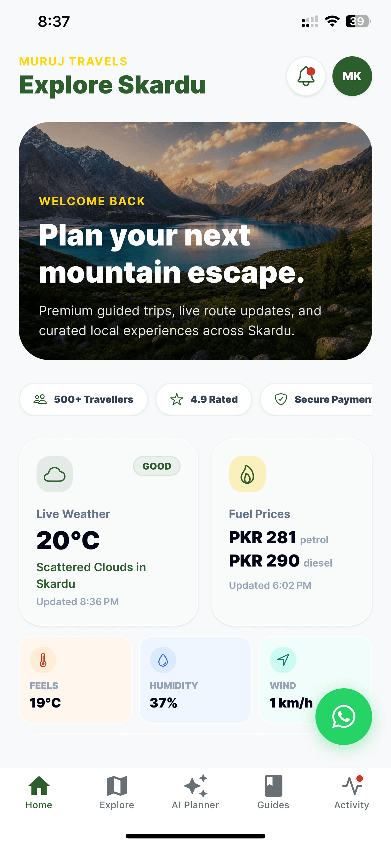 Muruj Travels mobile app home screen